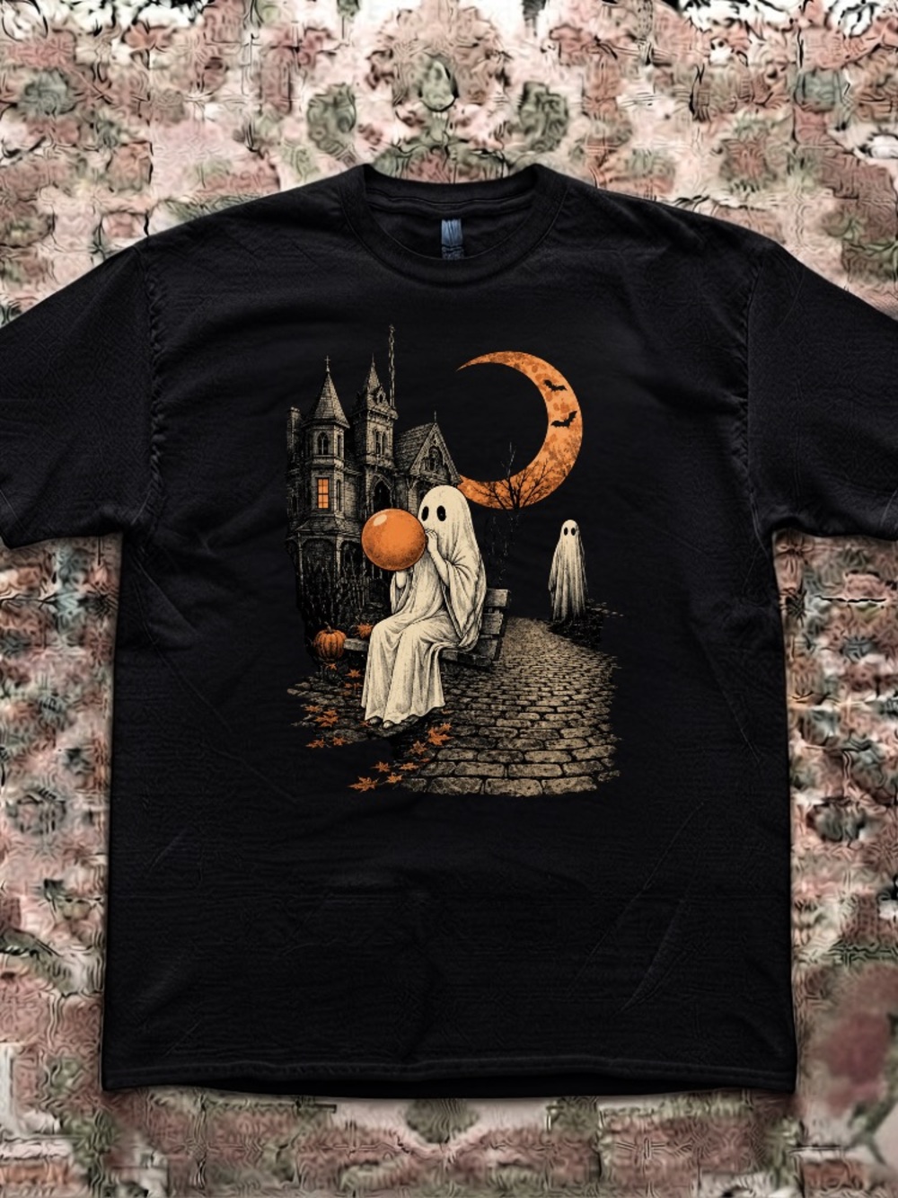 Halloween Ghost Blowing Bubble Gum Pumpkin Orange Moon Spooky Castle T-Shirt